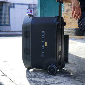 Homme assis à côté de la Station électrique portable 3600Wh – EcoFlow DELTA Pro sur un trottoir.