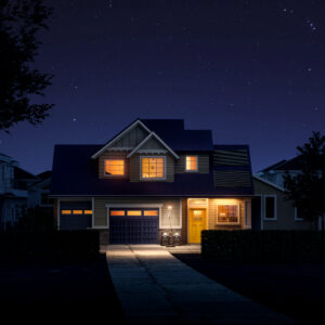 Maison éclairée la nuit grâce à la Station électrique portable 3600Wh – EcoFlow DELTA Pro.
