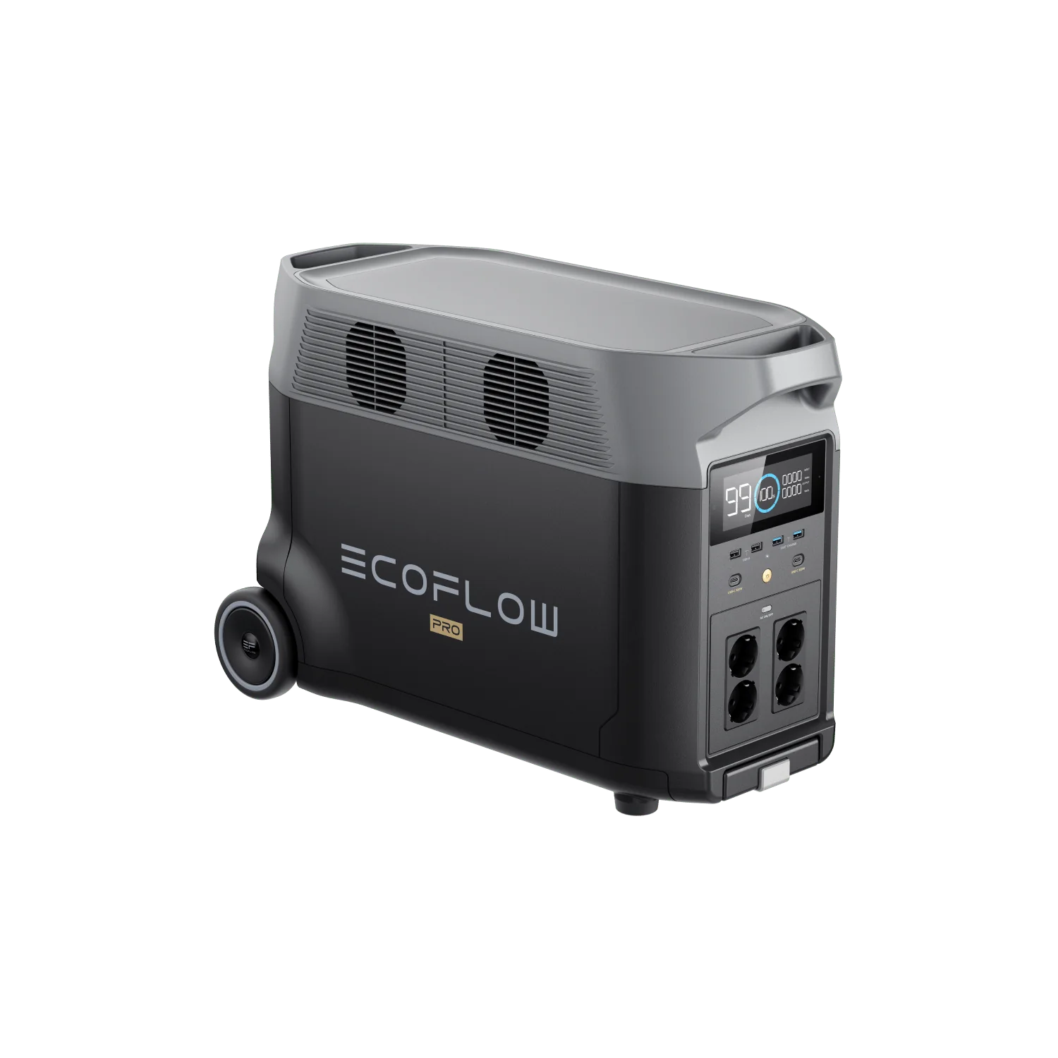 Station électrique portable 3600Wh – EcoFlow DELTA Pro, avec roues et écran de contrôle, offrant des prises murales puissantes et une capacité de batterie étendue.