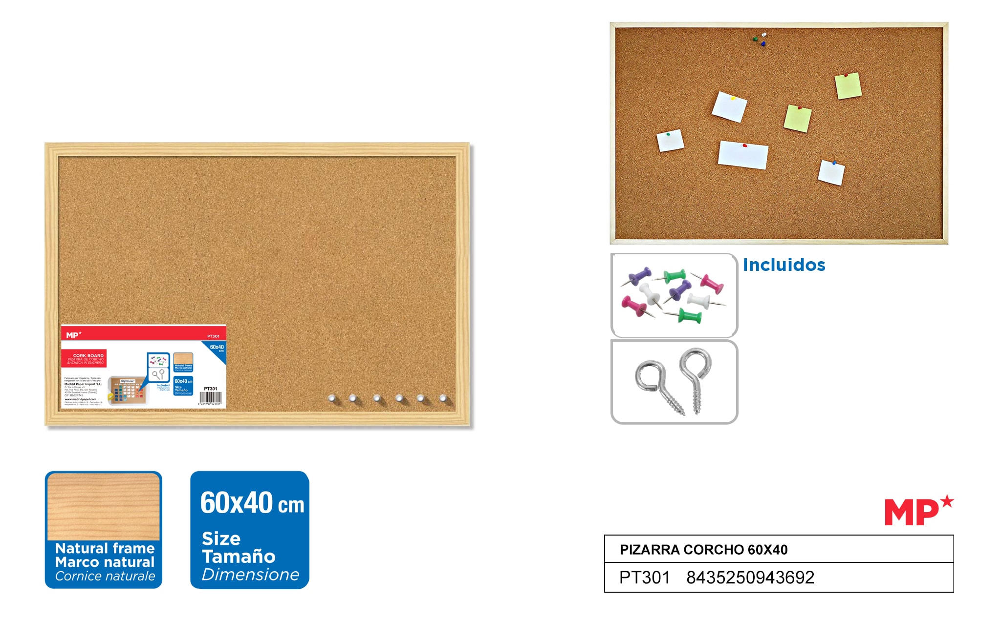 Tableau en liège double face 60cmX40cm + punaises PT301D – 1