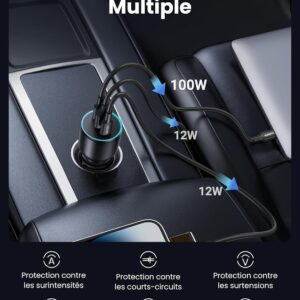 Système de protection multiple du Chargeur Allume Cigare USB C Ugreen, incluant protection contre surtensions et courts-circuits.