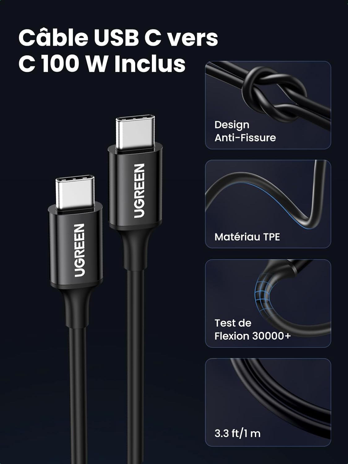 UGREEN Câble USB C 100W – Résistant et Durable
