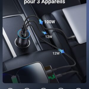 Chargeur allume cigare Ugreen avec trois ports démontrant la charge rapide simultanée pour trois appareils.