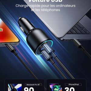 Chargeur voiture USB 130W à 3 ports d'Ugreen, offrant une charge rapide pour ordinateurs portables et téléphones.