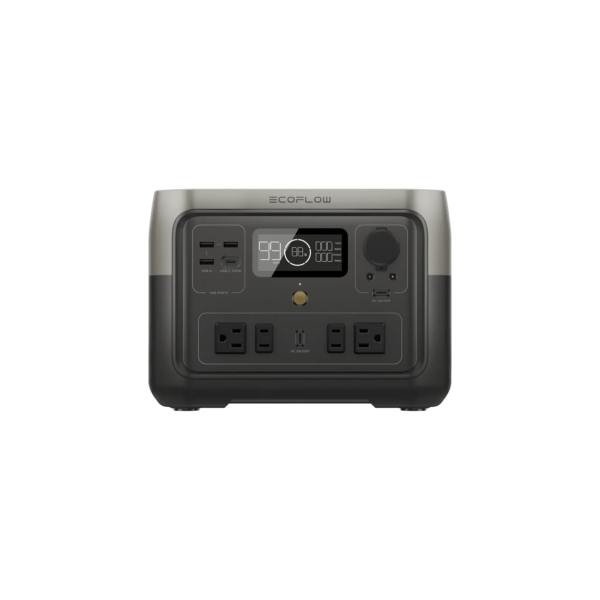 Station électrique portable 512Wh – EcoFlow River 2 Max Station électrique portable 512Wh – EcoFlow River 2 Max, vue de face montrant les ports de sortie et l'écran d'affichage.