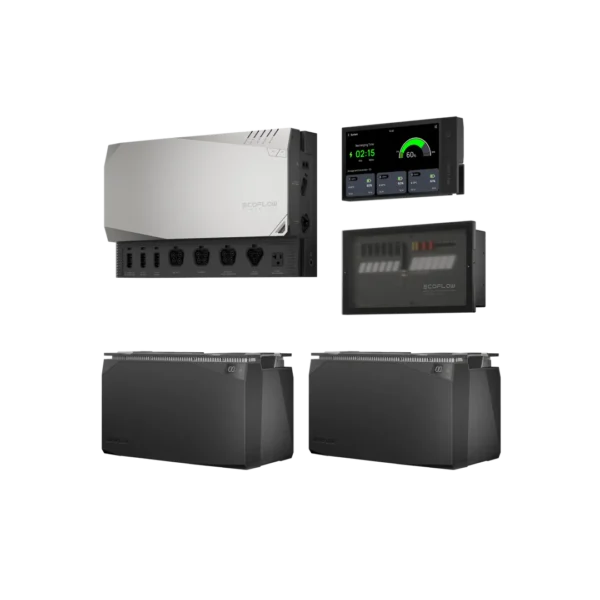 Kit Indépendance 10KWh – EcoFlow avec batteries, panneau de distribution et console.
