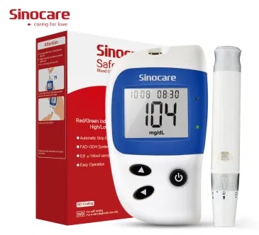 Glucomètre - Sinocare Safe Accu 2 avec bandelettes de test et autopiqueur, affichant 104 mg/dL sur l'écran.