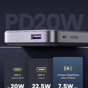 Ports de sortie USB-C, USB-A et sans fil du power bank UGREEN