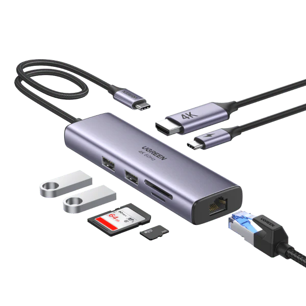 Adaptateur (Hub) USB C 7 en 1 – UGREEN Revodok 60515 avec câbles et ports affichés.