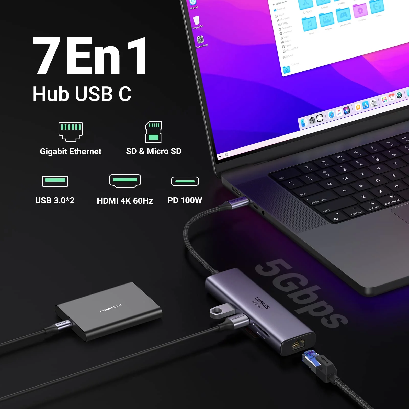 Hub USB C 7 en 1 UGREEN avec HDMI 4K et Ethernet Gigabit – Modèle 60515