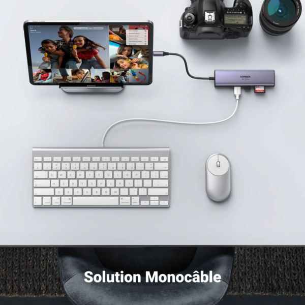 Adaptateur USB C UGREEN 7 en 1 connecté à un ordinateur portable, une carte SD, et des périphériques.