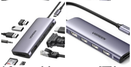 Collage d'adaptateurs Hub USB multifonctions de Zone Affaire, comprenant des ports USB-C, HDMI, Ethernet, et lecteurs de cartes