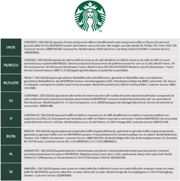 Informations sur les capsules Starbucks Torréfaction Blonde en plusieurs langues