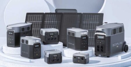 Gamme de stations électriques EcoFlow avec panneaux solaires, incluant Delta Pro, Delta 2, River 2 et River 2 Max.