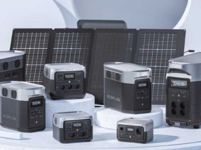 Gamme de stations électriques EcoFlow avec panneaux solaires, incluant Delta Pro, Delta 2, River 2 et River 2 Max.