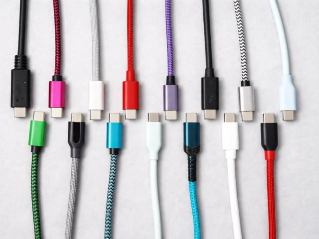 Comparaison de câbles USB-C modernes montrant différents modèles, finitions et connecteurs.
