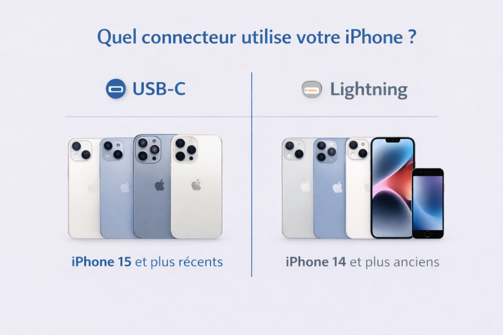 Infographie montrant quel connecteur utilise votre iPhone : USB-C pour l’iPhone 15 et les modèles plus récents, Lightning pour l’iPhone 14 et les modèles plus anciens