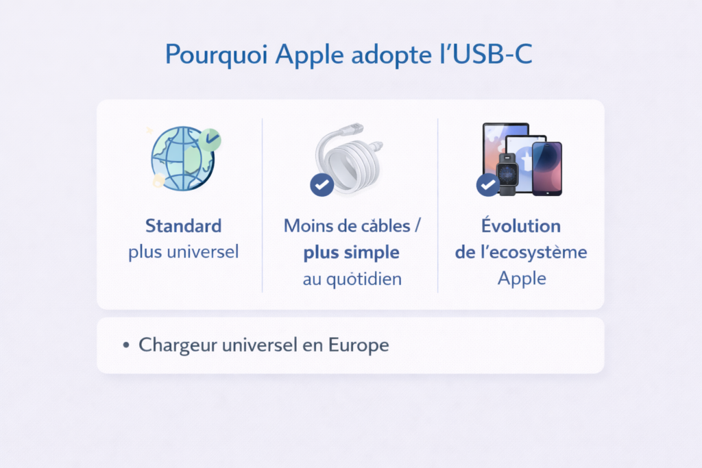 Infographie expliquant pourquoi Apple remplace Lightning par l’USB-C avec un standard plus universel, moins de câbles au quotidien, l’évolution de l’écosystème Apple et le chargeur universel en Europe