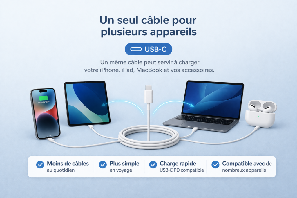 Visuel montrant qu’un seul câble USB-C peut servir à charger plusieurs appareils comme un iPhone, un iPad, un ordinateur portable et des écouteurs