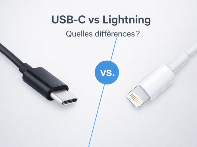 Comparaison visuelle entre un connecteur USB-C et un connecteur Lightning avec le titre USB-C vs Lightning sur fond clair