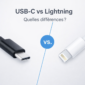 Comparaison visuelle entre un connecteur USB-C et un connecteur Lightning avec le titre USB-C vs Lightning sur fond clair