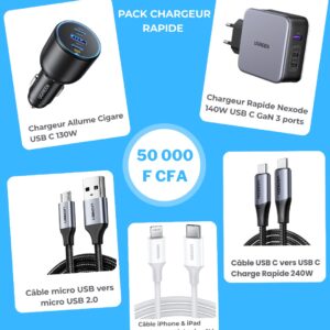 Pack chargeur rapide UGREEN avec chargeur secteur, chargeur voiture et câbles
